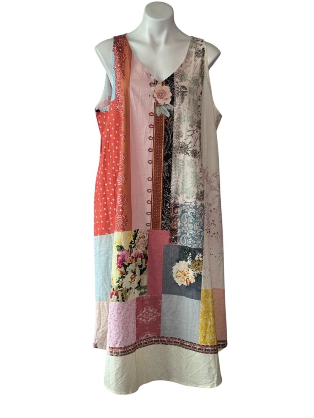 PH5 Multi-Pattern Patchwork Floral Sleeveless V-Neck Dress Pockets 2XL